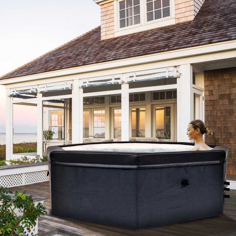 Black Rattan 6-Person Foam Wall Hot Tub Spa
