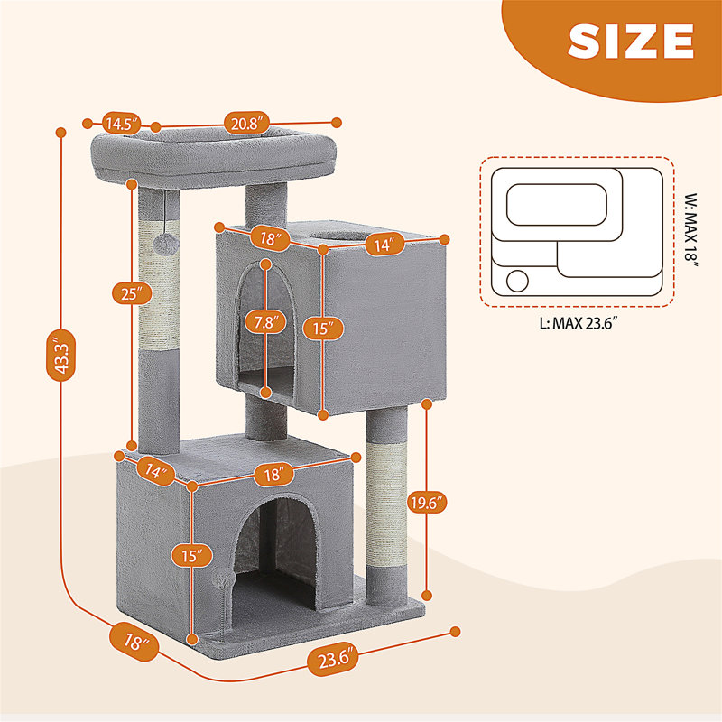 Arbre à chat XL 44 "pour grands chats 20 lb et plus, 2 condos spacieux avec grattoir épaissi de 3,4 po, grand perchoir supérieur, 2 jouets interactifs