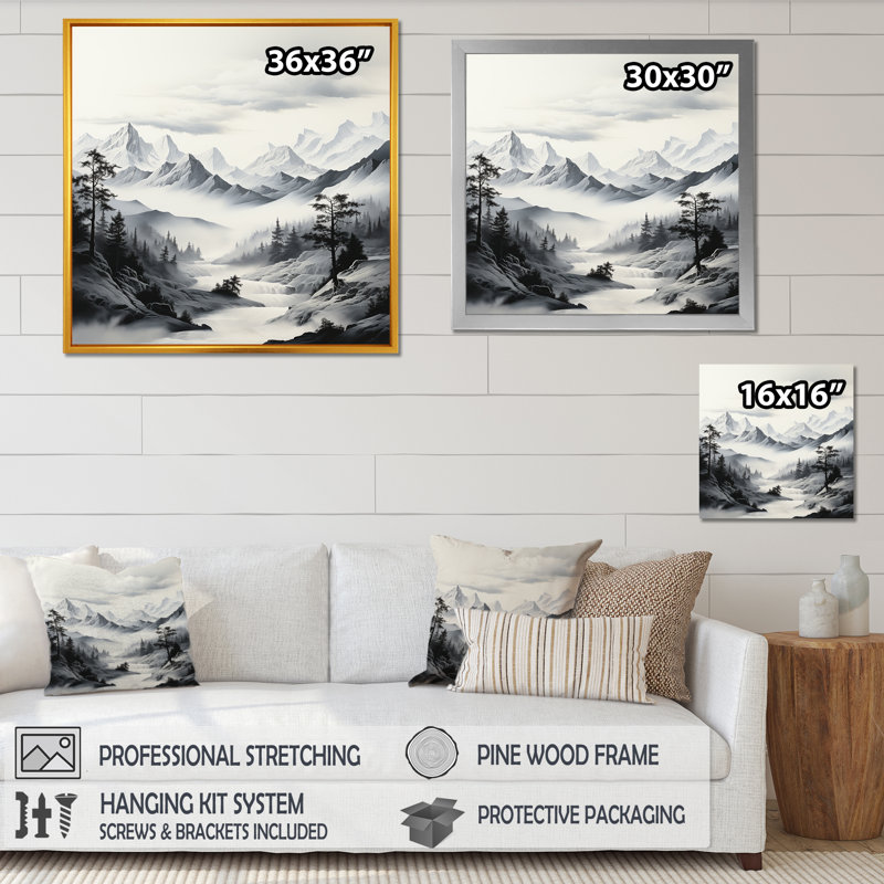 Paysage de montagnes blanches brouillard I - fruits, art mural, Cadre photo blanc, H 16 po x l 16 po x P 1 po