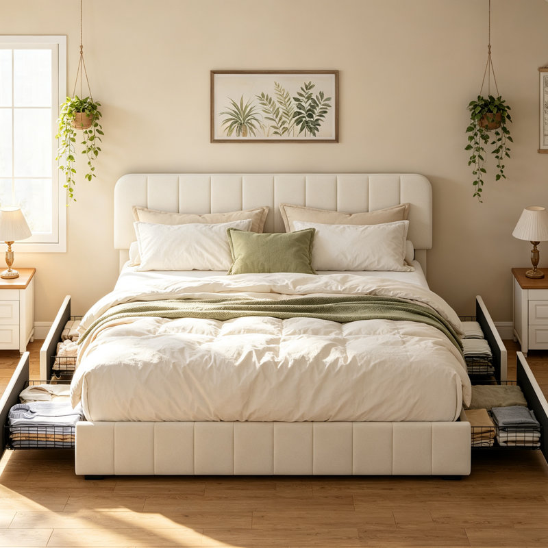 Structure de lit très grand avec tiroirs de rangement - Structure de lit tapissier en velours avec tête de lit réglable, support de lattes en bois, aucun sommier requis, assemblage facile, beige
