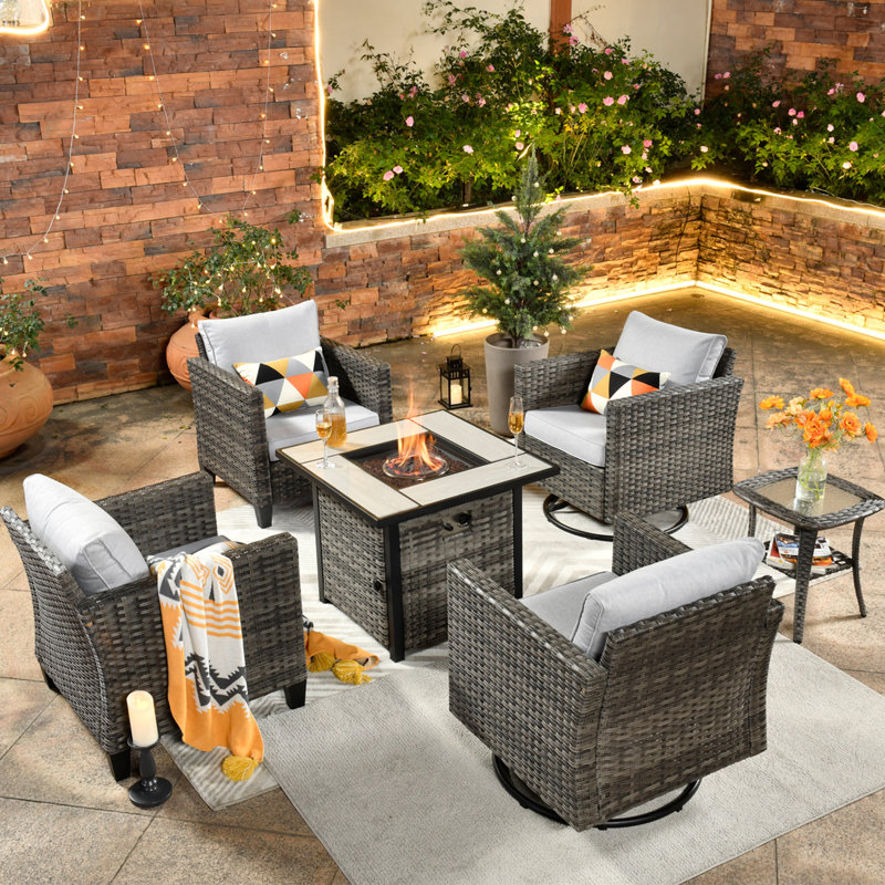 Polyethylene (PE) Wicker 4 - Person Seating Group with Fire Pit, Gray