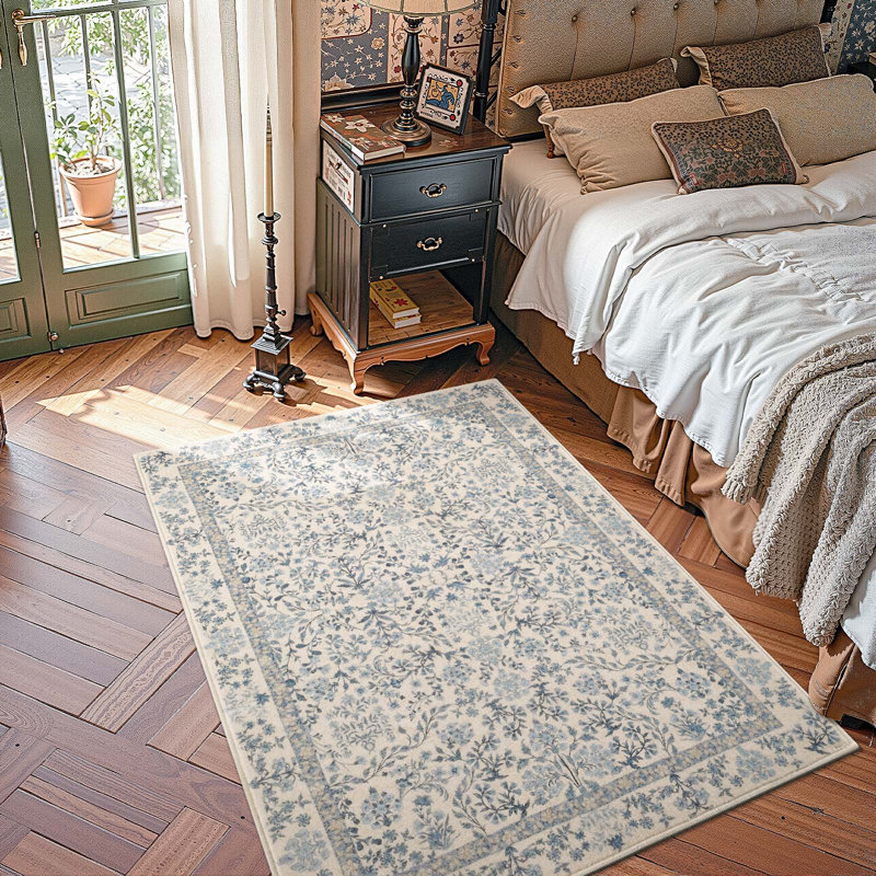 Floral Machine Washable Area Rug, Rectangle 3' x 5', Blue
