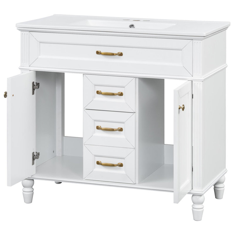 Meuble-lavabo en céramique avec cadre en pin, Blanc