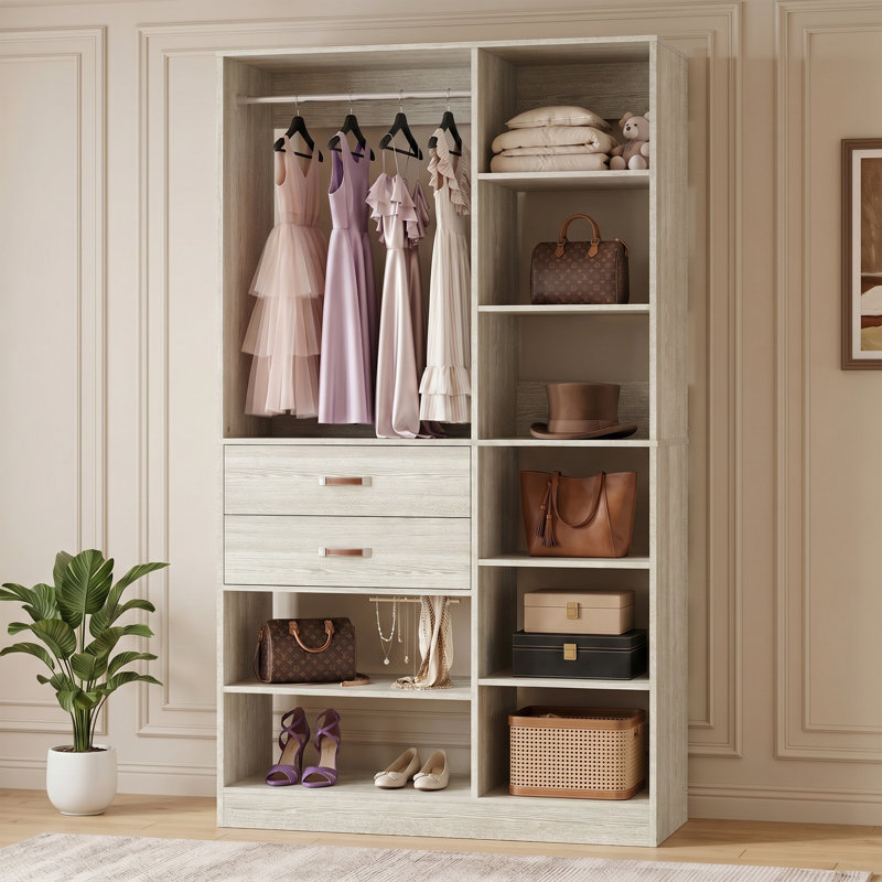 39.4'' W Closet System with Wooden Drawers and Hanging Rods, Natural