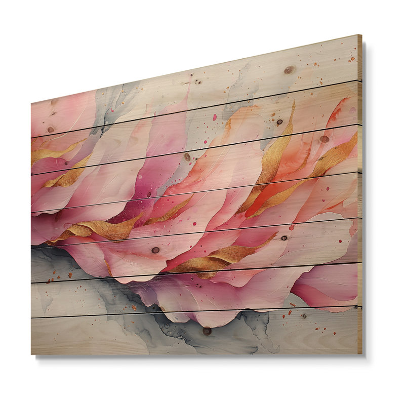 Or rose élégant veines de pétales de fleurs II - art mural en bois sur bois de pin naturel, H 34 po x l 44 po