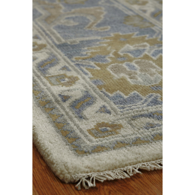 Hand Knotted Wool Ivory/Blue Area Rug, Blue, Rectangle 8' x 10'