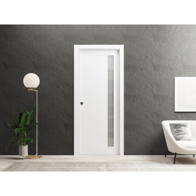 Sliding French Pocket Door | Planum 0660 Painted White With Frosted Glass | Kit Trims Rail Hardware | Solid Wood Interior Bedroom Sturdy Doors