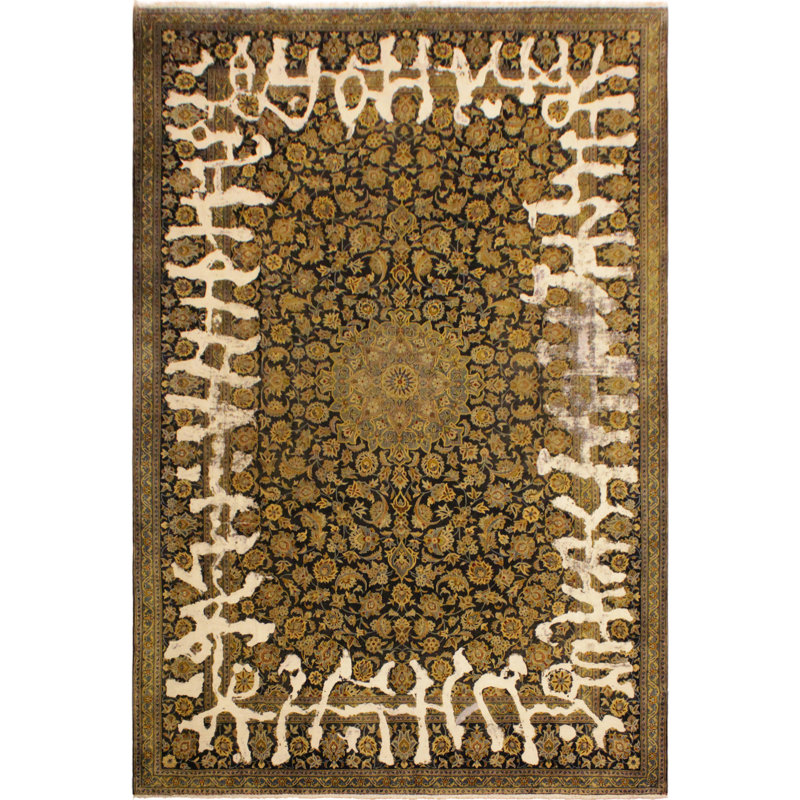 Tapis blanc / verdâtre rectangulaire en laine noué à la main 7 pi 7 po x 11 pi 1 po Paralta