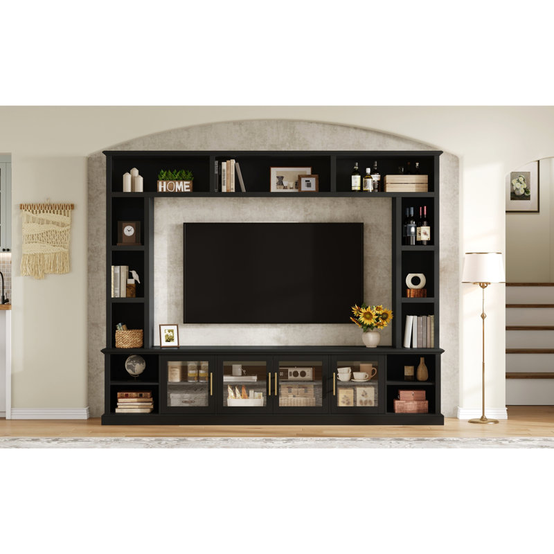 80-Inch Tv Compatible Entertainment Center With Shelving For Books And Snacks In Living Room Console Decor, Black