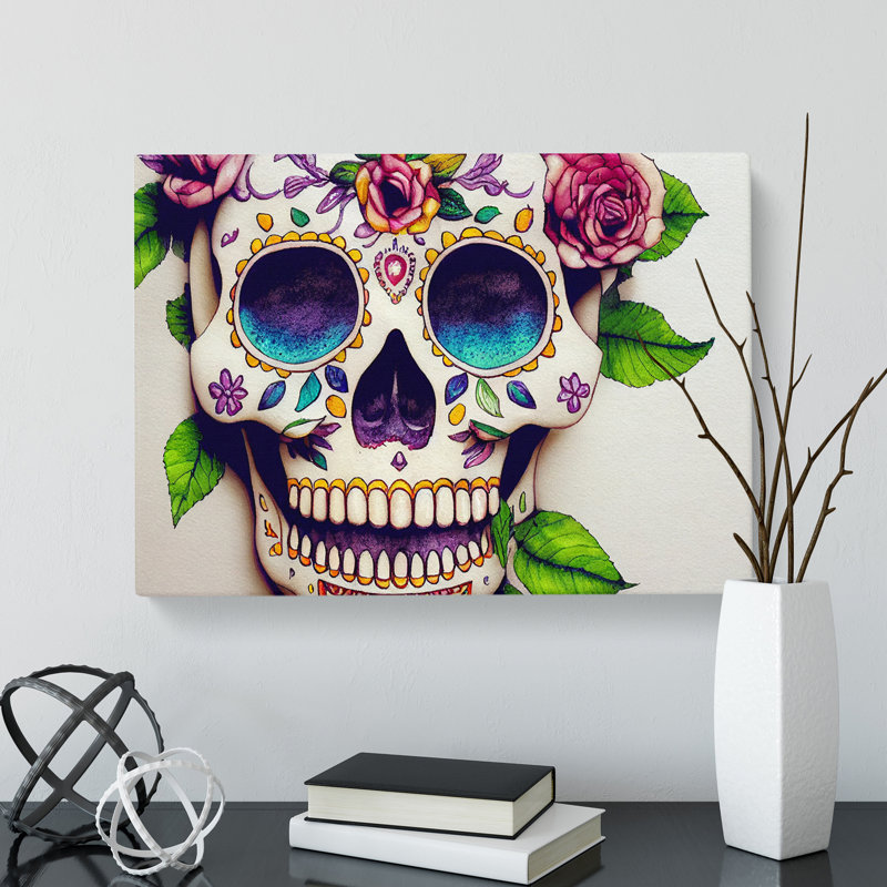 XXX-H1022-WF-5880X Masterful Floral Sugar Skull - Wrapped Canvas Print, 35cm H x 50cm W x 3cm D