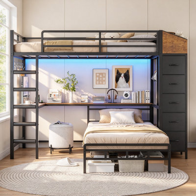 Lit superposé en L pour deux lits simples avec bureau, porte-manteau et station de recharge, lits superposés en métal avec 5 tiroirs de rangement, lumières DEL, barrière de sécurité et escalier, lit superposé simple pour enfants et adolescents, sommier non requis