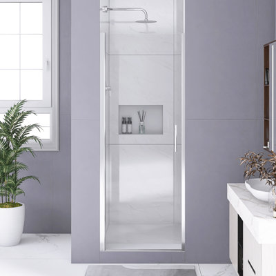28 In. W × 72 In.H Pivot Half Frame Shower Door In Chrome | 1/4"(6Mm) Tempered Glass | Aluminum Frame | Explosion Proof Film |  | Magnetic Strip Aftracts｜Stainless Steel Handle