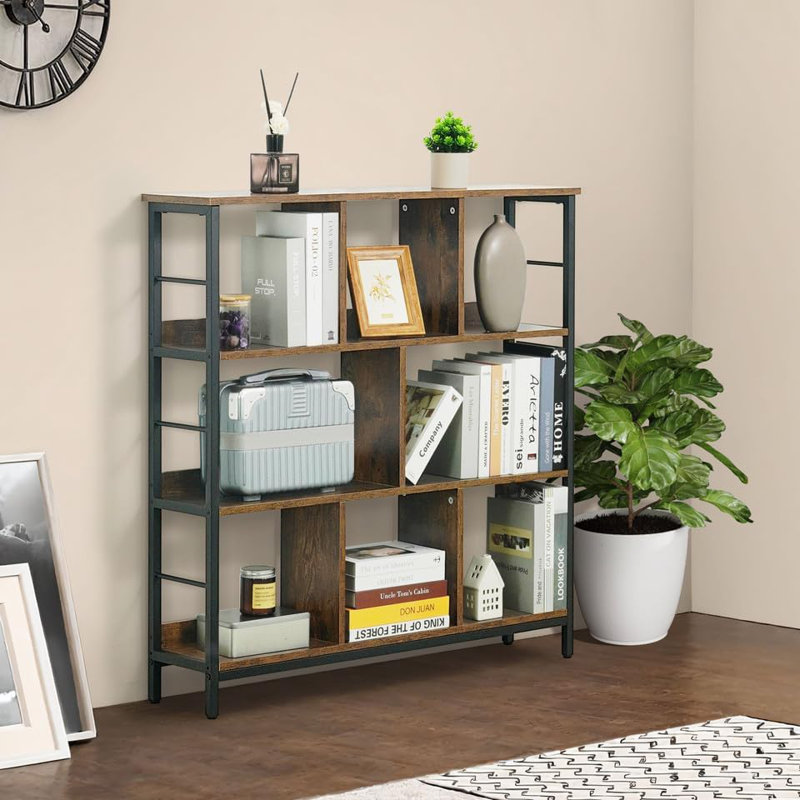 40-Inch Wide 8 Cube 3 Tier Industrial Open Shelf Bookcase with Metal Frame, Rustic Oak, Brown, 40.9" H x 39.4" W x 9.4" D