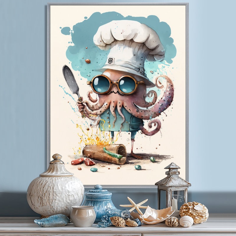 " Octopus In The Kitchen ", 40" H x 30" W, Silver Floater Framed