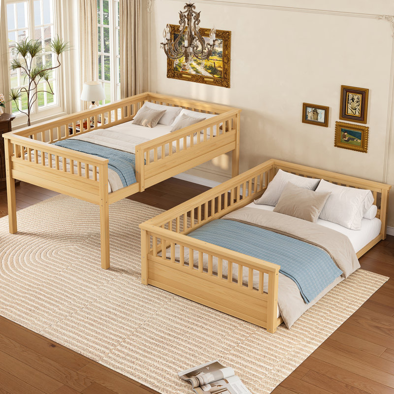 Lit superposé grand sur grand avec échelle et barrières de sécurité, lit en bois naturel pour enfants, Grand sur grand