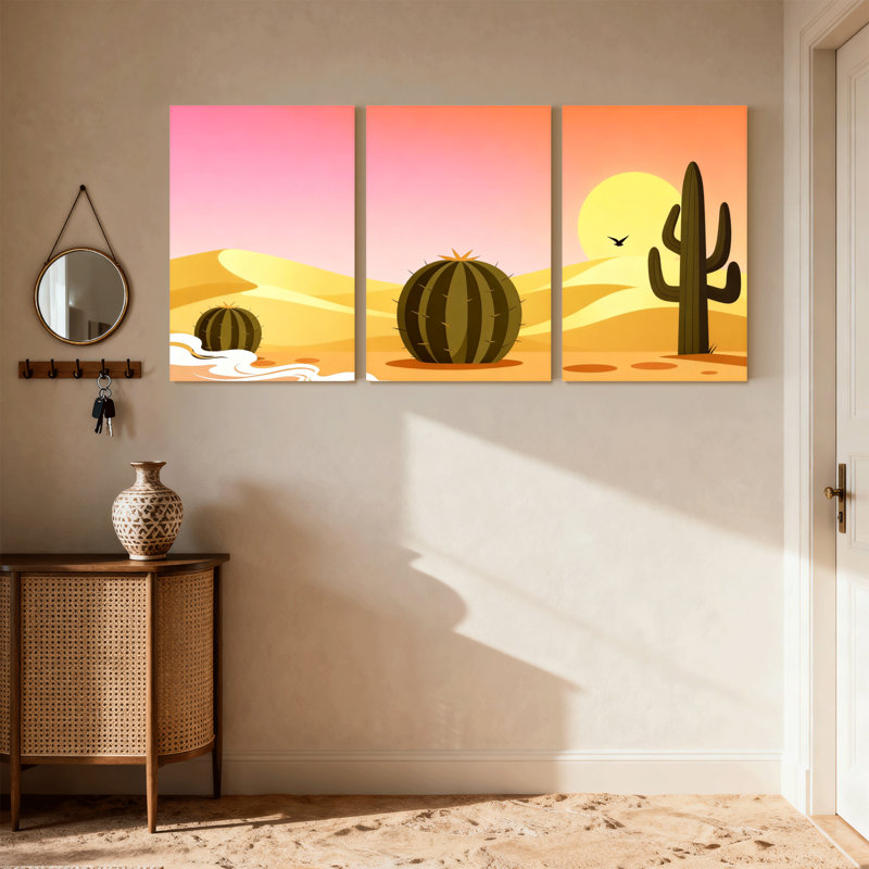 Cactus, paysage désertique avec cactus et coucher de soleil, ensemble de 3 impressions sur toile, H 24 po x l 48 po
