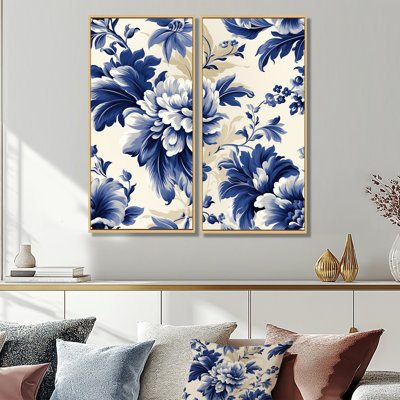Regal bleu cobalt damassé II motif victorien - chalet mauve, art mural traditionnel 2 pièces