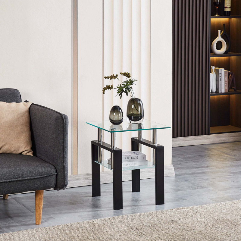 Katelee 1-Piece 2-Layers Small Table with Storage,Tempered Transparent Glass End Table