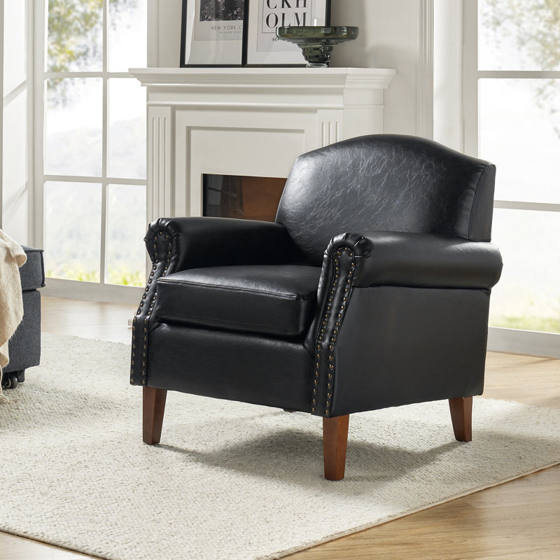 Mooresville 31" W Faux Leather Armchair with Solid Wood Legs, Black Faux Leather