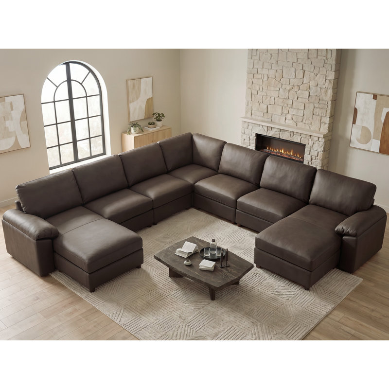 Canapé modulaire moderne avec repose-pieds en cuir de polyuréthane Marybelle Marybelle, Brown Faux Leather