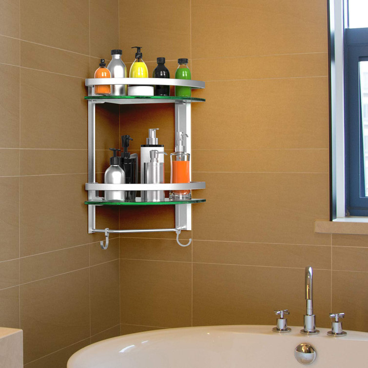 CERBIOR Bathroom Shelves,Rectangular Tempered Glass Shelf with Towel Bar,  Wall Mounted, Silver 
