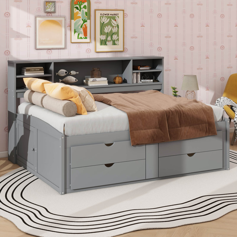 Wooden Daybed With Two Bedside Cabinets Shelves And Drawers, Gray