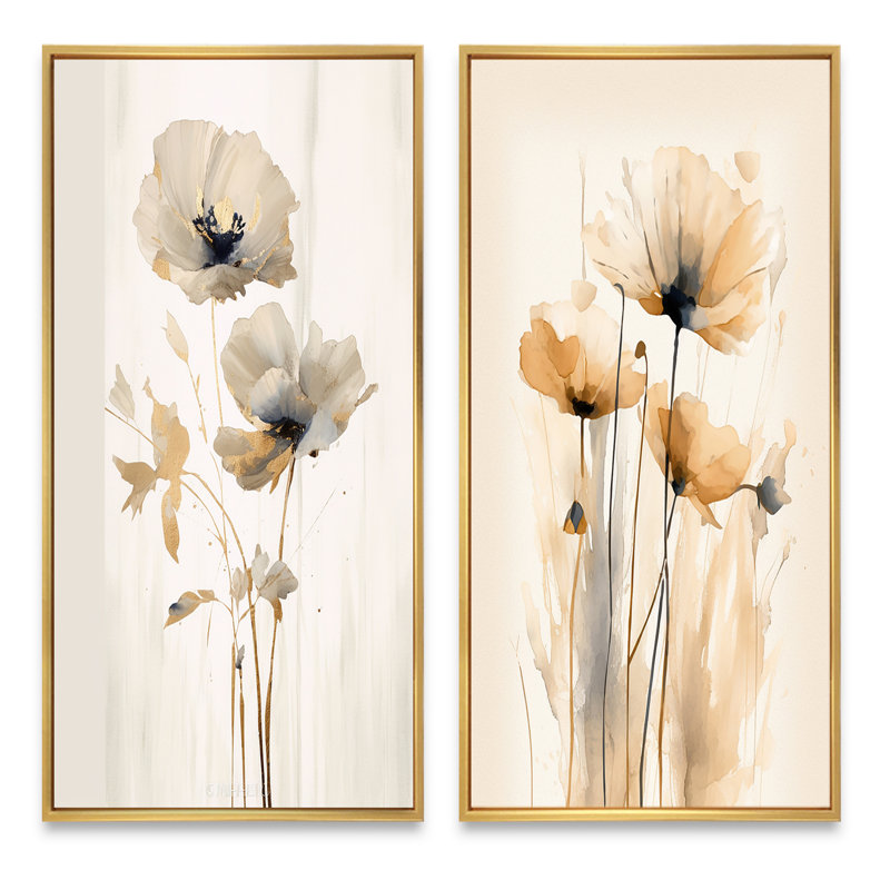 2 pièces sur toile - Coquelicots éclatants, Encadrement doré, H 20 po x l 24 po