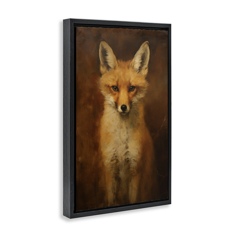 «Stoic Baby Fox», toile flottante encadrée grise par Petal Prints Design, H 25 po x l 17 po, Cadre flottant noir de jais