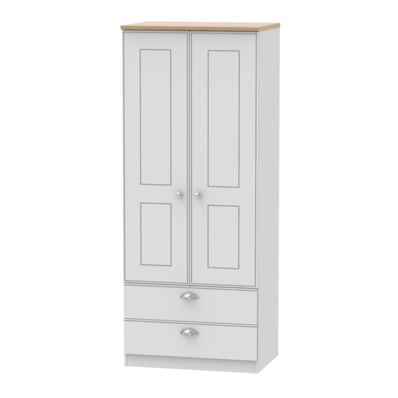 Fully Assembled 2 Door Wardrobe, White Ash/Oak