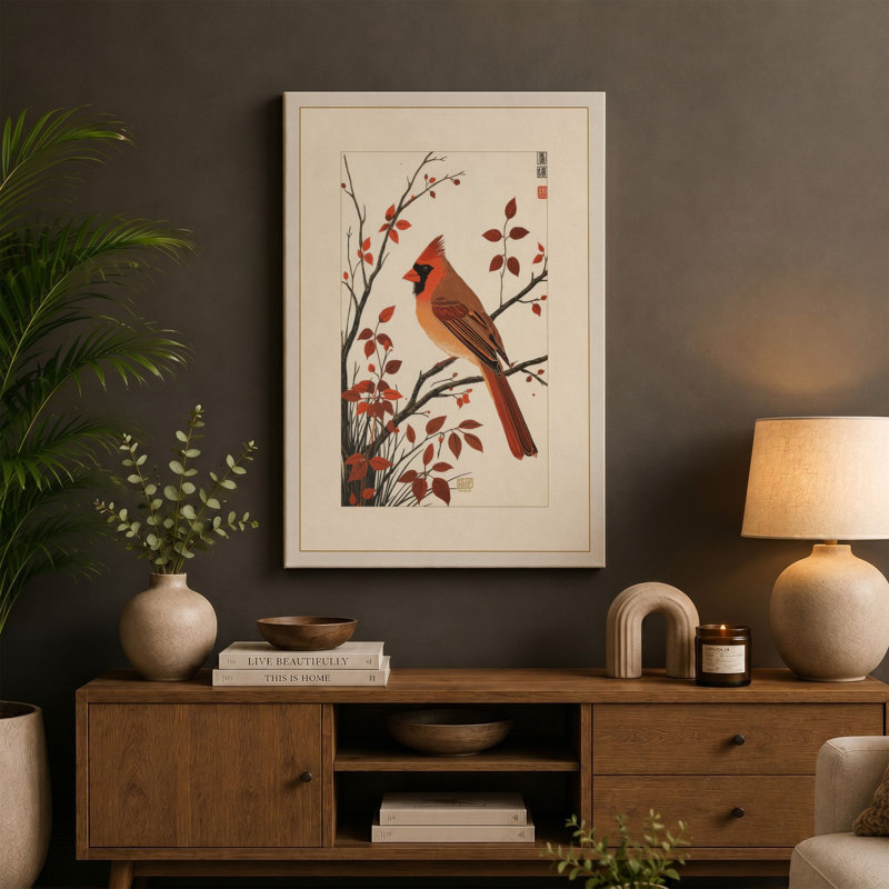 Cardinal in Winter Japandi 1 Piece Wrapped Canvas Wall Art, 30x20 - 76.2 x 50.8 cm, Sage Border
