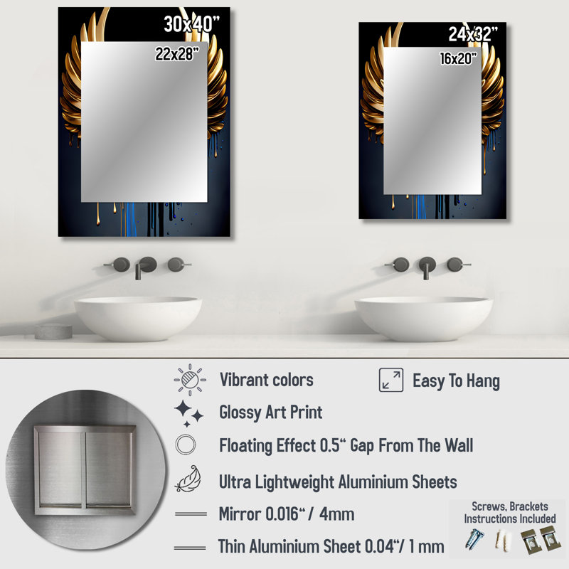 Blue And Gold Angel Wings III - Wings Angel Decorative Mirror, Blue Wall Mirror, Printed Metal Art, 32" x 24"