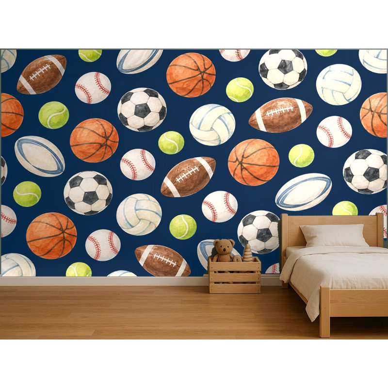 Sports Balls Scatter Wallpaper Mural, Peel and Stick Kids Room Wall Mural, Watercolor Nursery Wallpaper Made to Measure