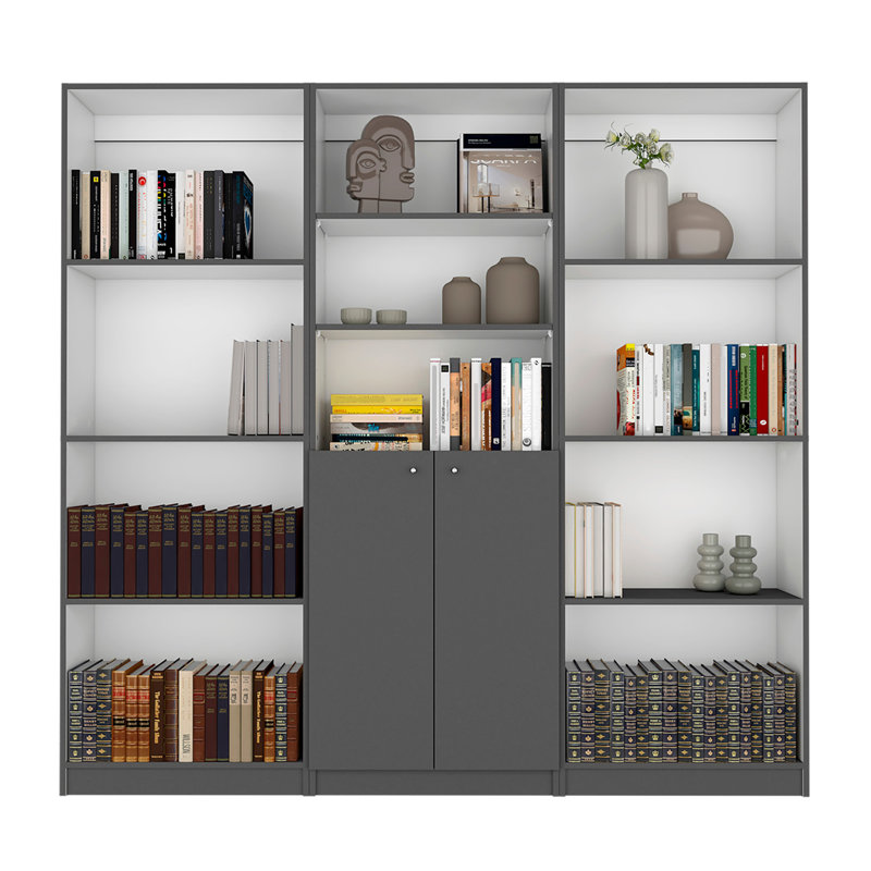 Ensemble de bibliothèque à domicile 3 pièces Duette, d'une largeur de 74 po avec 11 tablettes et une armoire à 2 portes, ensemble de salon gris mat / blanc
