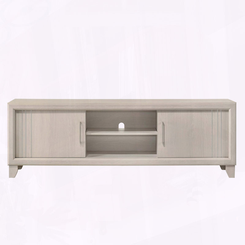 Meuble télé contemporain avec tablettes ouvertes et quincaillerie argentée, Beige