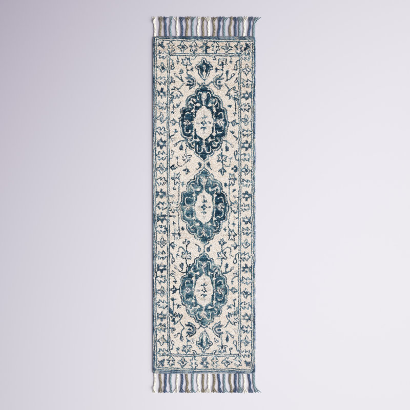 Arkadijus Oriental Hand-Tufted Wool/Cotton Ivory/Blue Area Rug, Runner 2'3" x 11'
