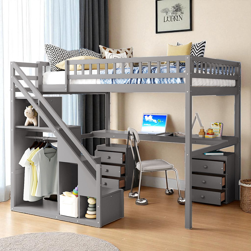 Wood Loft Bed With Built-In Desk, LED Lights And Storage, Full, Gray