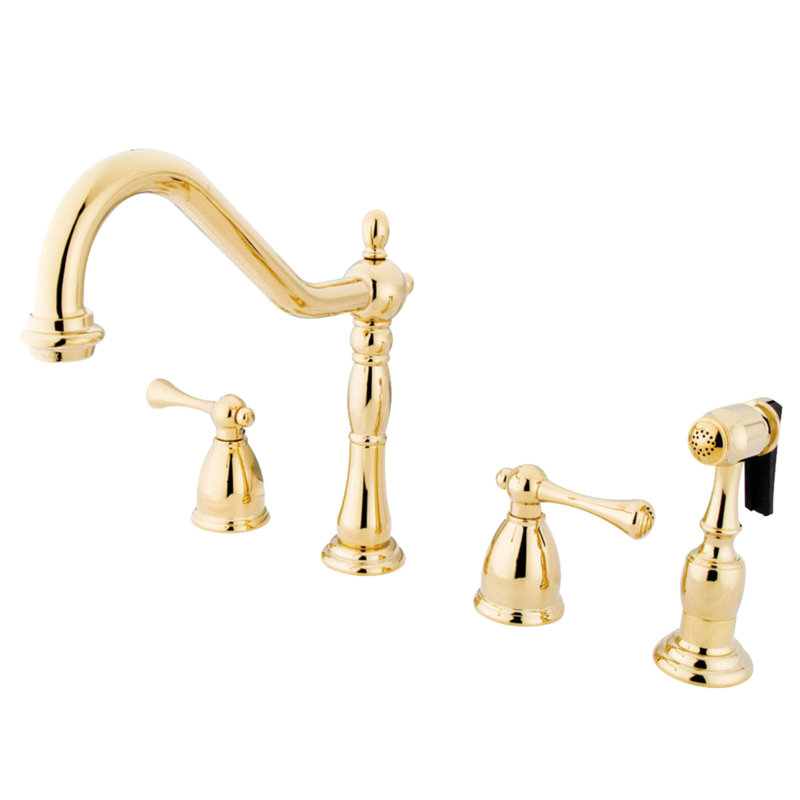 Kingston Brass Heritage Double-Handle 4-Hole Widespread Kitchen Faucet with Brass Sprayer, Polished Brass