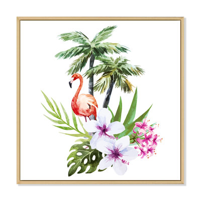 Flamant rose avec palmiers et fleurs II - reproduction d'art sur toile traditionnelle