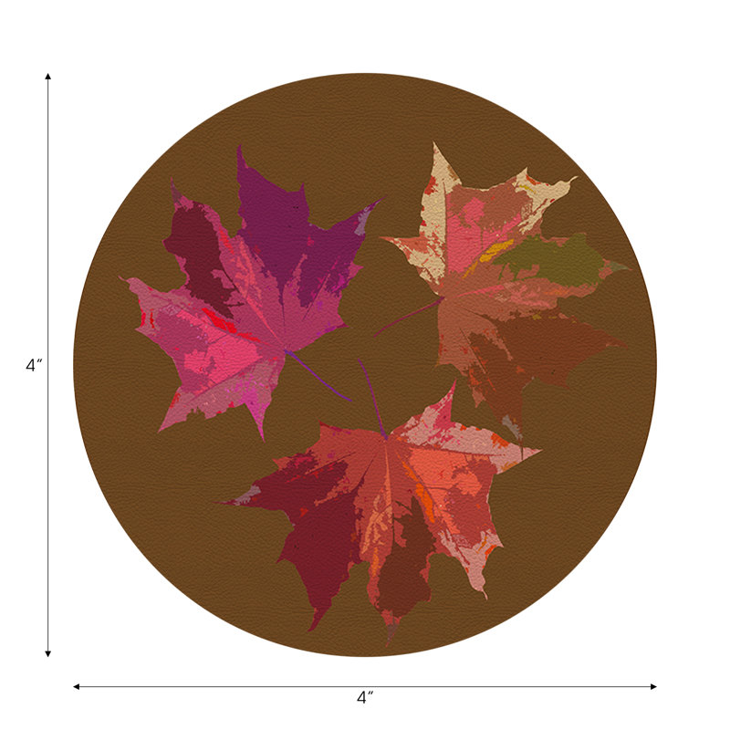 Autumn Leaves Rust Vegan Leather Round Coasters, Brown