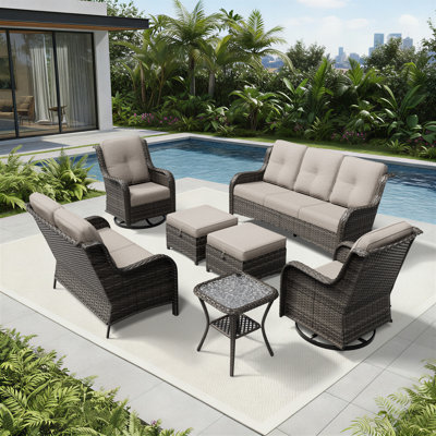 Ensemble de conversation de patio en osier 7 pièces avec fauteuil pivotant 360 ° et coussins capitonnés Holoman