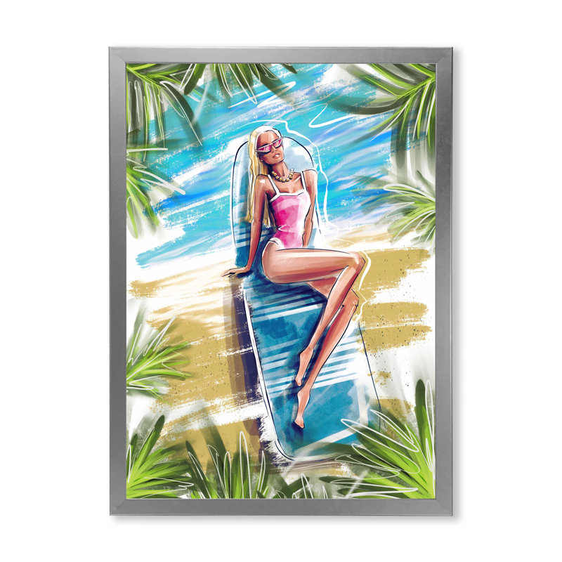 «Beautiful Blond Model at the Beach Sunbathing - Floater Frame, peinture sur toile», H 32 po x l 16 po x P 1 po