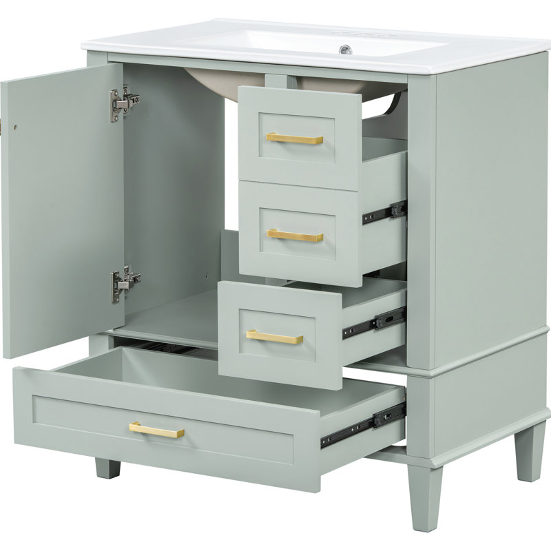 Meuble-lavabo de 30 po: armoire avec 3 tiroirs, fonction de fermeture en douceur, lavabo en céramique, comptoir blanc, tiroirs spacieux avec cadre en bois massif et 1 porte à fermeture, bois, assemblage facile pour la mise à niveau