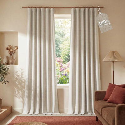 100% Blackout Linen 90 inch Greige Curtains, Back Tab/Pocket/Hook Belt DIY Pinch Pleated Heavyweight Window Treatments Thermal Insulated Drapes for Farmhouse, W52 x L90, 2 Panels