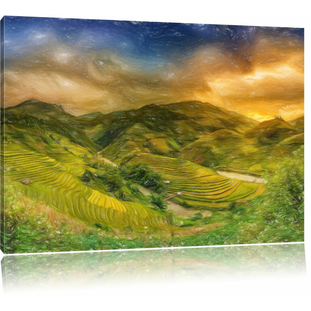 Leinwandbild „Eine Bergfarm in Asien“, Grafikdruck