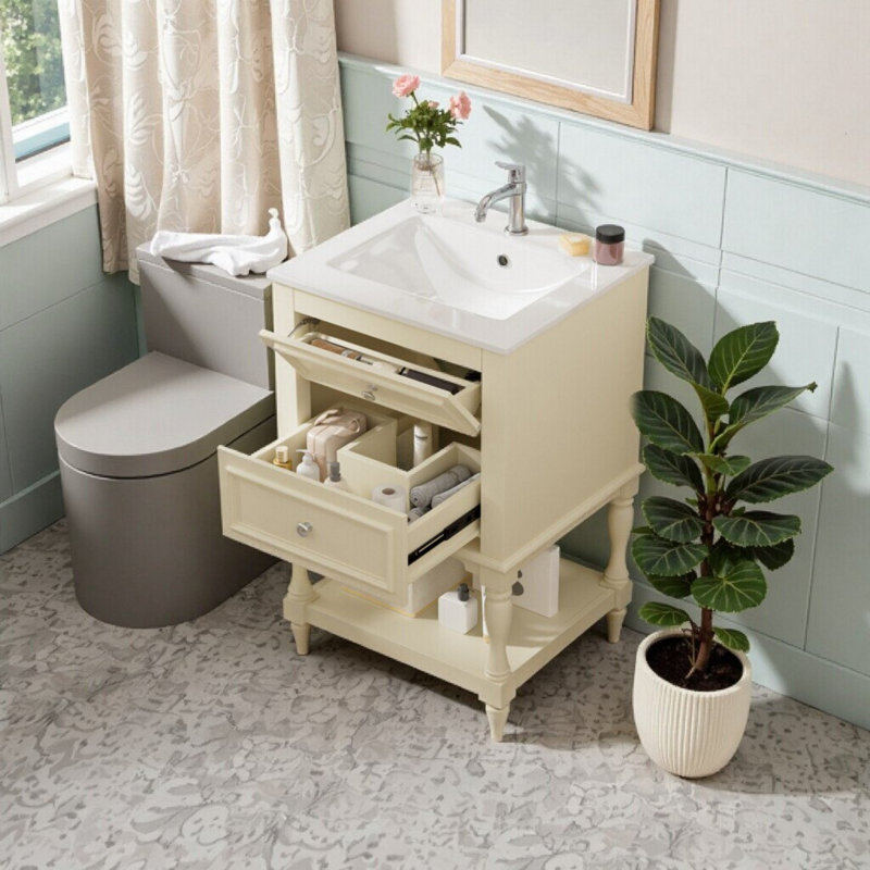 Meuble-lavabo simple 20 po avec lavabo en céramique, tablette ouverte, 2 tiroirs, 20", Beige
