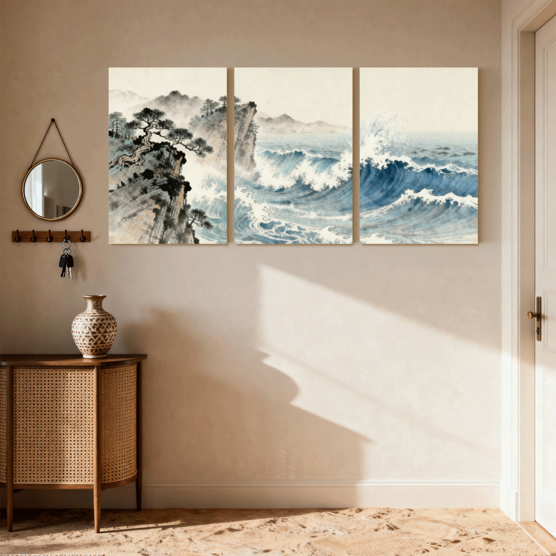 Nautique et plage, pin de montagne, vagues, brume océanique, ensemble de 3 impressions sur toile, H 18 po x l 36 po