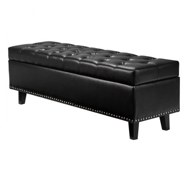 Button-Tufted Storage Ottoman Bench PU Leather Bench with Wood Legs