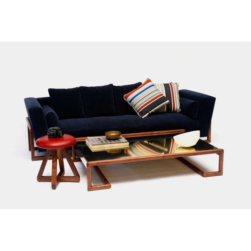 LRG Velvet Sofa, Deep Blue Aged Velvet, No Trays, Walnut