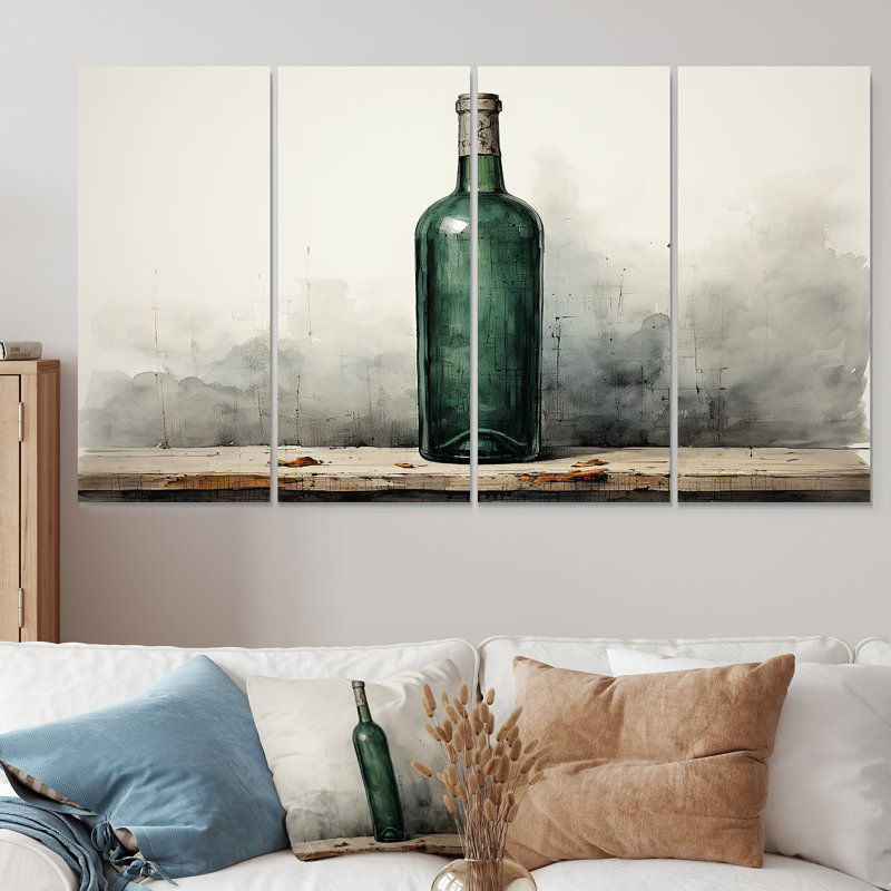 «Green Minimalist Wine Bottles Silhouette III», ensemble d'art mural 4 pièces, H 32 po x l 64 po