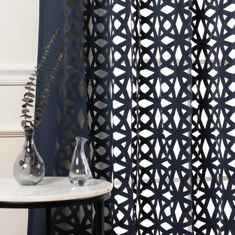 Aikeem Polyester Trellis Cutout Curtain Panel Pair, Navy
